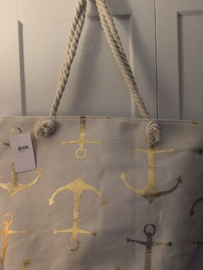 Womens Cream Beach Bag with Gold Anchor Print